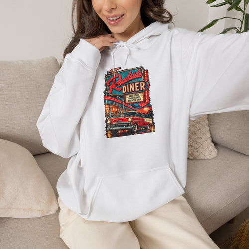 Retro Roadside Diner Hoodie | Vintage Neon Car Sign Sweatshirt